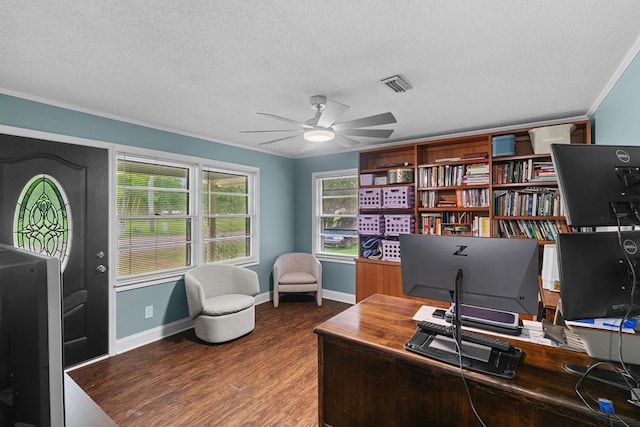 6970 Walden Dr, Kinsey, AL 36303 - home office featuring ceiling fan, wood finished floors, a textured ceiling, and ornamental molding
