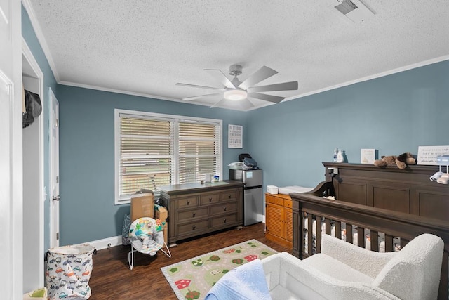 6970 Walden Dr, Kinsey, AL 36303 - bedroom featuring wood finished floors, a textured ceiling, crown molding, and a ceiling fan