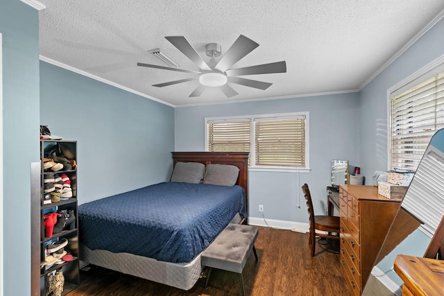 6970 Walden Dr, Kinsey, AL 36303 - bedroom featuring wood finished floors, multiple windows, a textured ceiling, crown molding, and ceiling fan