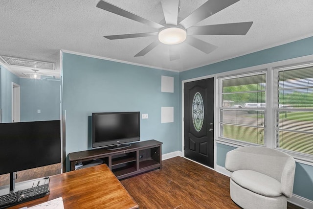 6970 Walden Dr, Kinsey, AL 36303 - living room with a textured ceiling, wood finished floors, a ceiling fan, and crown molding