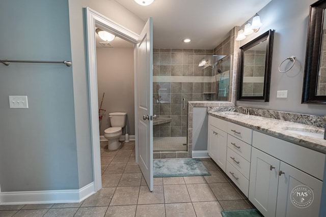 bathroom with tile patterned flooring, vanity, toilet, and a shower with door