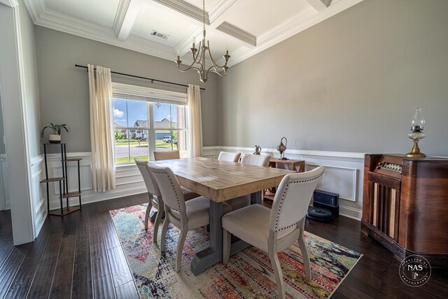 dining space with dark wood-type flooring, coffered ceiling, ornamental molding, beamed ceiling, and a chandelier