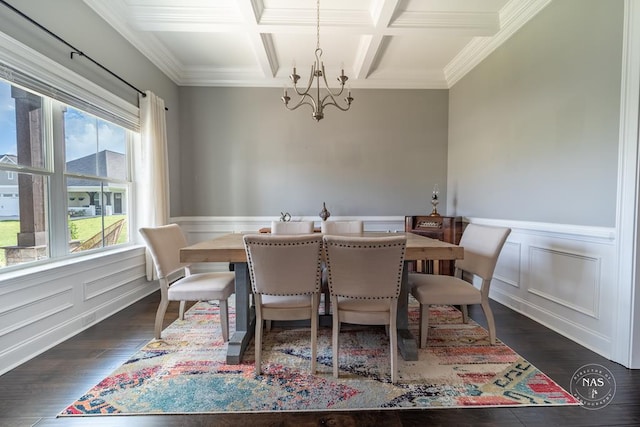 dining space with coffered ceiling, ornamental molding, dark wood-type flooring, and an inviting chandelier