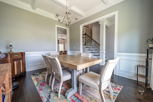 dining room with ceiling fan with notable chandelier, beamed ceiling, dark hardwood / wood-style flooring, and crown molding