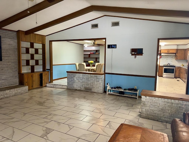 1303 Highland Dr, Elba, AL 36323 - unfurnished living room with light marble finish flooring, a ceiling fan, and built in features