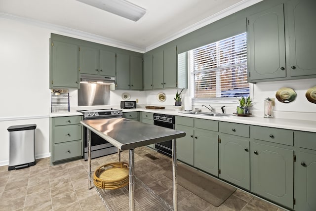 kitchen featuring ornamental molding, stainless steel electric stove, sink, green cabinetry, and dishwasher