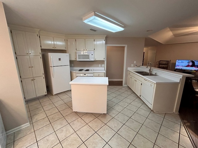 kitchen with white appliances, sink, light tile patterned floors, white cabinetry, and kitchen peninsula