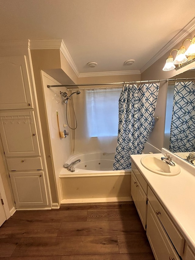 bathroom featuring hardwood / wood-style floors, ornamental molding, and shower / tub combo with curtain