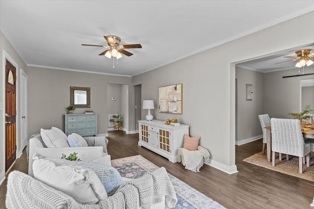 1301 S Bell St, Dothan, AL 36301 - living room with ceiling fan, wood finished floors, baseboards, and crown molding