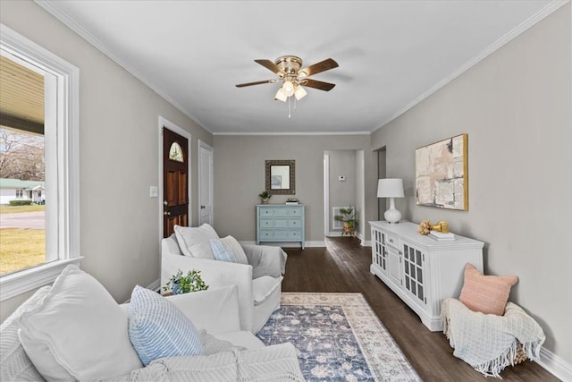 1301 S Bell St, Dothan, AL 36301 - living room with ceiling fan, dark wood-style floors, ornamental molding, and baseboards