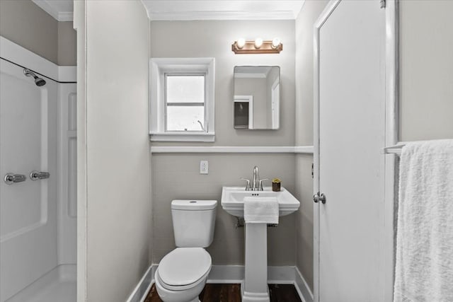 1301 S Bell St, Dothan, AL 36301 - bathroom with a stall shower, toilet, and ornamental molding