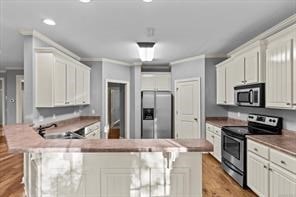 kitchen featuring a peninsula, stainless steel appliances, and crown molding