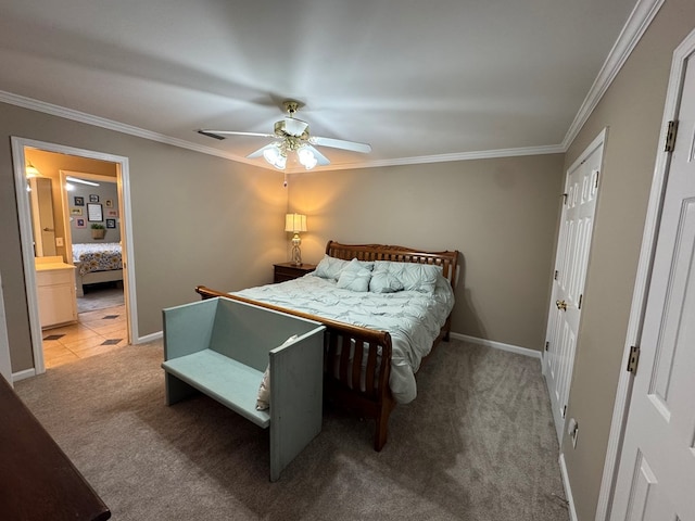 bedroom with ceiling fan, ornamental molding, baseboards, and light carpet