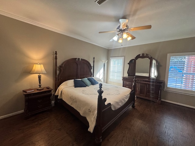 bedroom featuring ornamental molding, ceiling fan, baseboards, and dark wood-style flooring