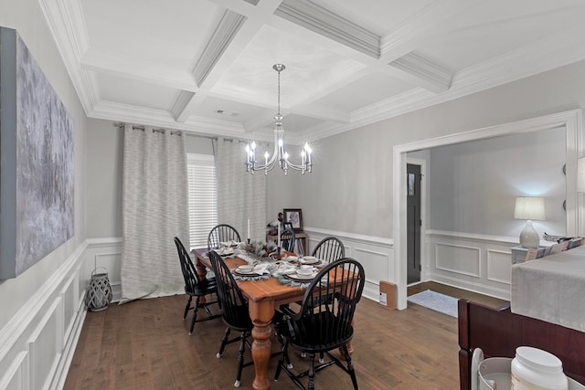 dining space with coffered ceiling, ornamental molding, dark hardwood / wood-style flooring, and beamed ceiling