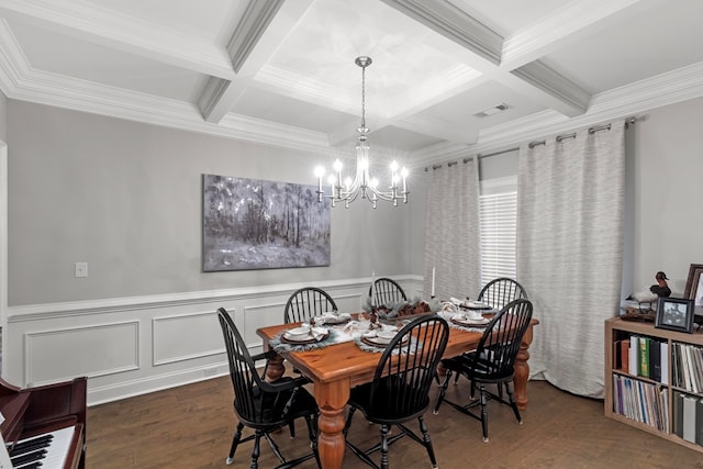 dining area featuring coffered ceiling, dark wood-type flooring, a notable chandelier, and beam ceiling