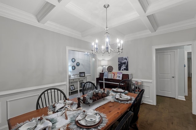 dining room with an inviting chandelier, beam ceiling, crown molding, dark hardwood / wood-style flooring, and coffered ceiling