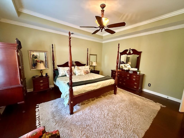 bedroom with ceiling fan, dark wood-type flooring, and ornamental molding