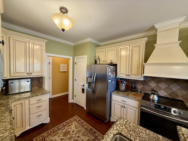 kitchen featuring light stone counters, dark wood-type flooring, stainless steel appliances, and custom exhaust hood