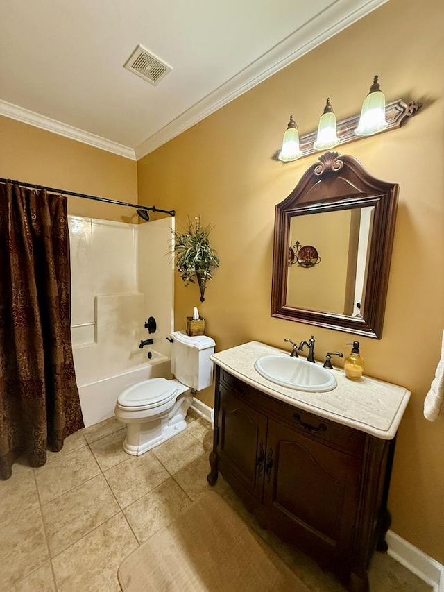 full bathroom with shower / bath combo, ornamental molding, vanity, tile patterned flooring, and toilet