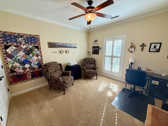 carpeted office featuring ceiling fan and crown molding