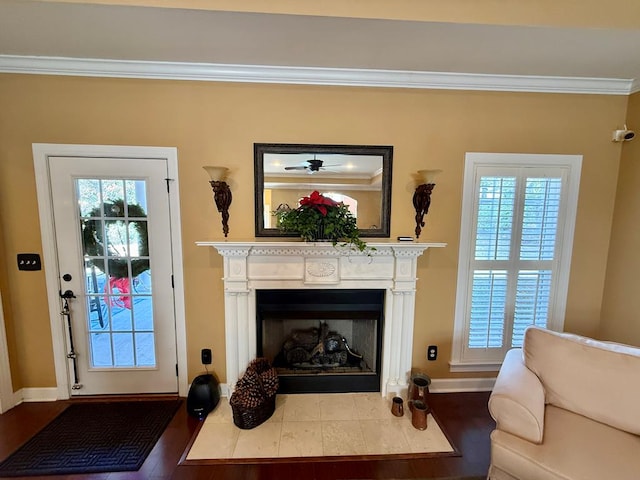 interior space featuring a healthy amount of sunlight, crown molding, and wood-type flooring