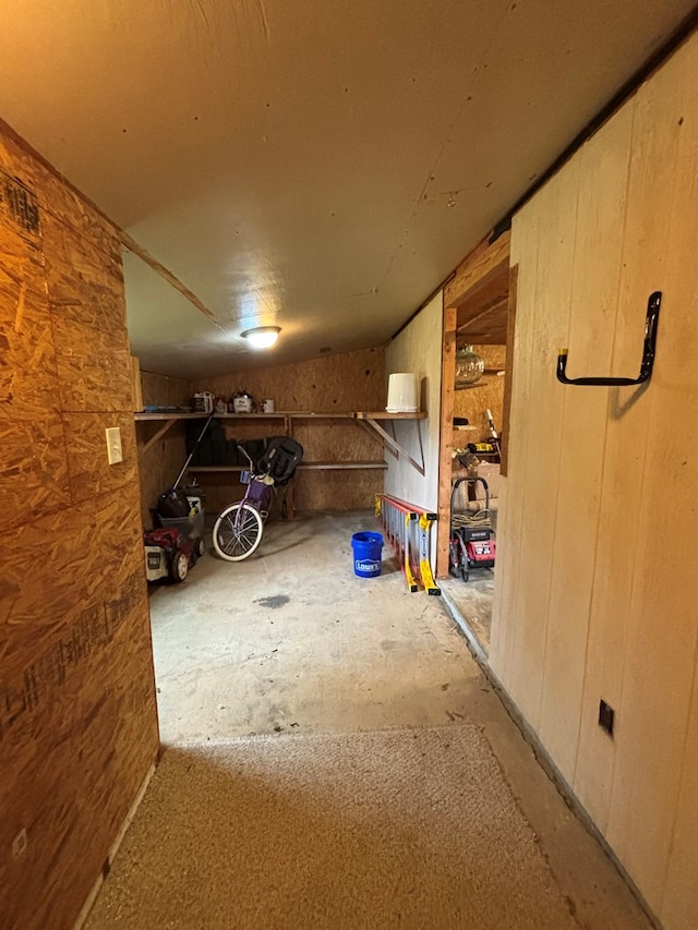 finished basement featuring wooden walls