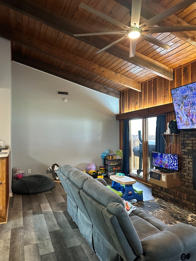 living room featuring wood finished floors, visible vents, lofted ceiling with beams, ceiling fan, and wood ceiling