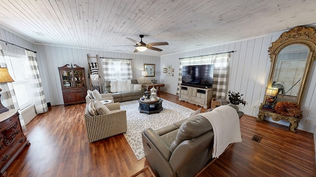 514 S Main St, Headland, AL 36345 - living area featuring ceiling fan, wood finished floors, wood ceiling, and ornamental molding