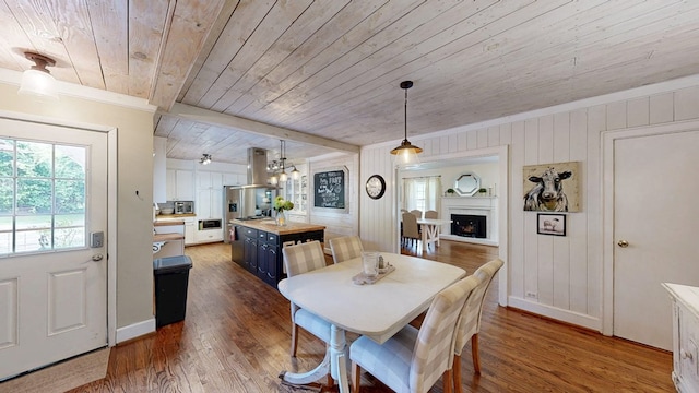514 S Main St, Headland, AL 36345 - dining area featuring wood ceiling, dark wood finished floors, a fireplace, and wood walls