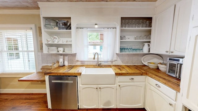514 S Main St, Headland, AL 36345 - kitchen featuring wooden counters, stainless steel dishwasher, open shelves, a sink, and crown molding