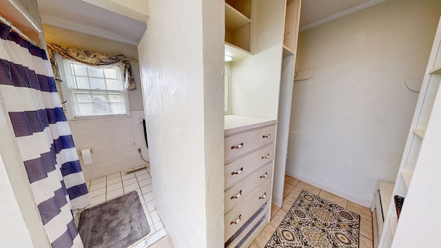 514 S Main St, Headland, AL 36345 - bathroom featuring vanity, tile patterned flooring, crown molding, and a shower with curtain