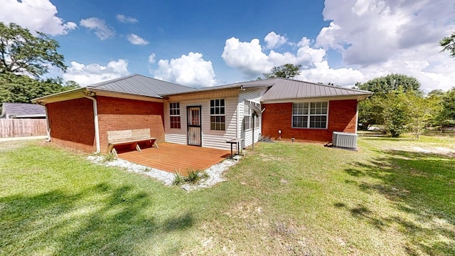 412 Darlington Cir, Dothan, AL 36301 - back of house featuring brick siding, central AC, a deck, and metal roof