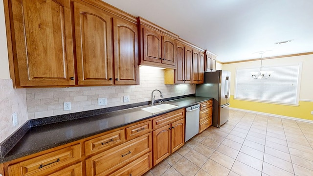 412 Darlington Cir, Dothan, AL 36301 - kitchen featuring stainless steel appliances, a sink, a chandelier, baseboards, and backsplash