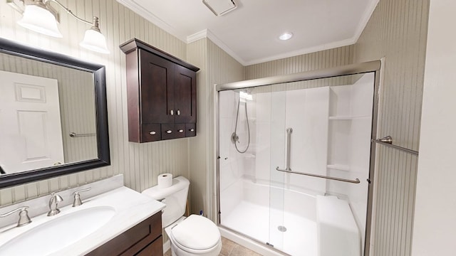 412 Darlington Cir, Dothan, AL 36301 - full bath featuring ornamental molding, toilet, a stall shower, vanity, and wallpapered walls