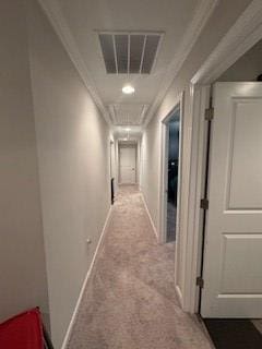 hall with ornamental molding and light colored carpet