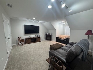 living room with rail lighting, vaulted ceiling, and carpet