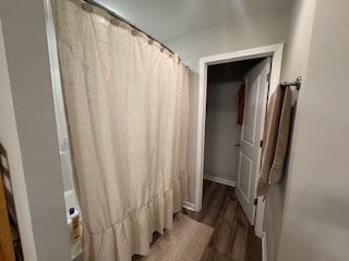 bathroom with hardwood / wood-style flooring