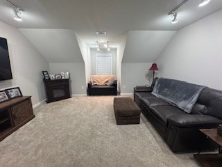 living room featuring a fireplace, carpet flooring, and rail lighting