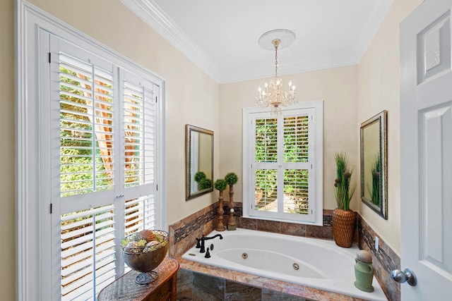 bathroom featuring tiled tub, a wealth of natural light, and crown molding