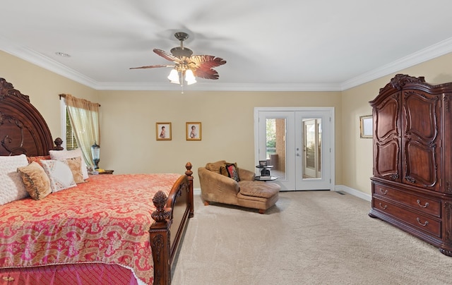 bedroom featuring light carpet, french doors, ornamental molding, access to outside, and ceiling fan