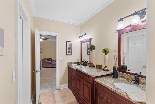 bathroom featuring ceiling fan, tile patterned flooring, vanity, and ornamental molding