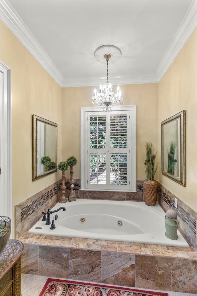 bathroom featuring ornamental molding, tiled tub, and an inviting chandelier