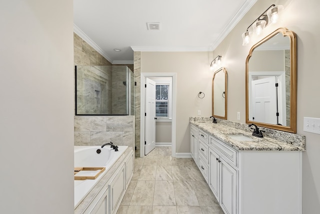 bathroom with separate shower and tub, crown molding, and vanity