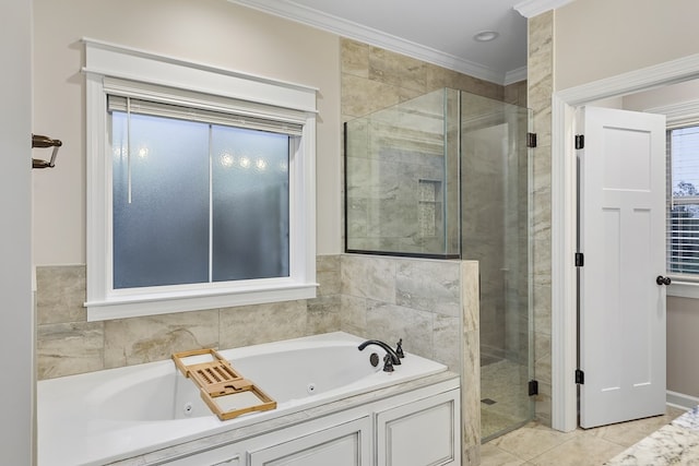 bathroom with tile patterned floors, crown molding, and independent shower and bath