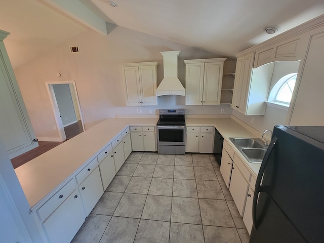 952 Easterling Mill Rd, Ariton, AL 36311 - kitchen featuring black appliances, custom range hood, light countertops, open shelves, and a peninsula
