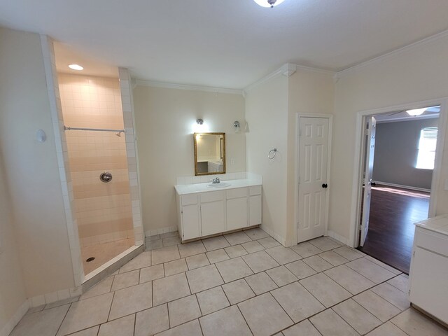 952 Easterling Mill Rd, Ariton, AL 36311 - full bath featuring ornamental molding, vanity, a tile shower, and tile patterned floors