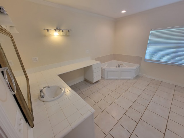 952 Easterling Mill Rd, Ariton, AL 36311 - full bathroom with tile patterned floors, a garden tub, vanity, ornamental molding, and recessed lighting
