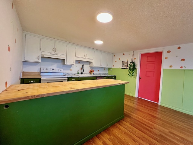 kitchen featuring wood finished floors, wooden counters, white electric stove, a sink, and under cabinet range hood