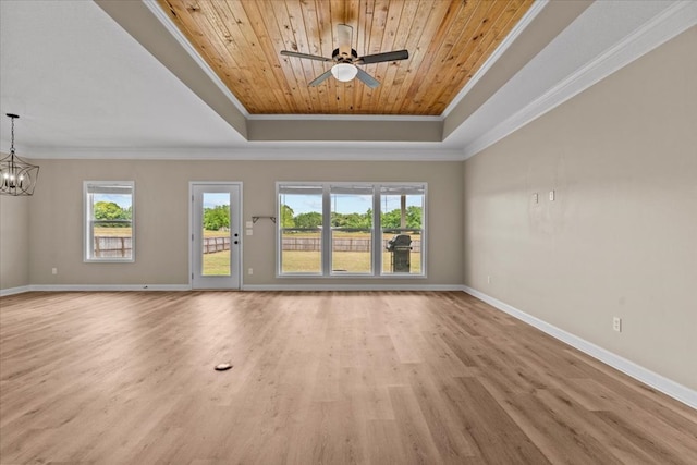 unfurnished living room featuring baseboards, wood ceiling, ceiling fan with notable chandelier, and a tray ceiling